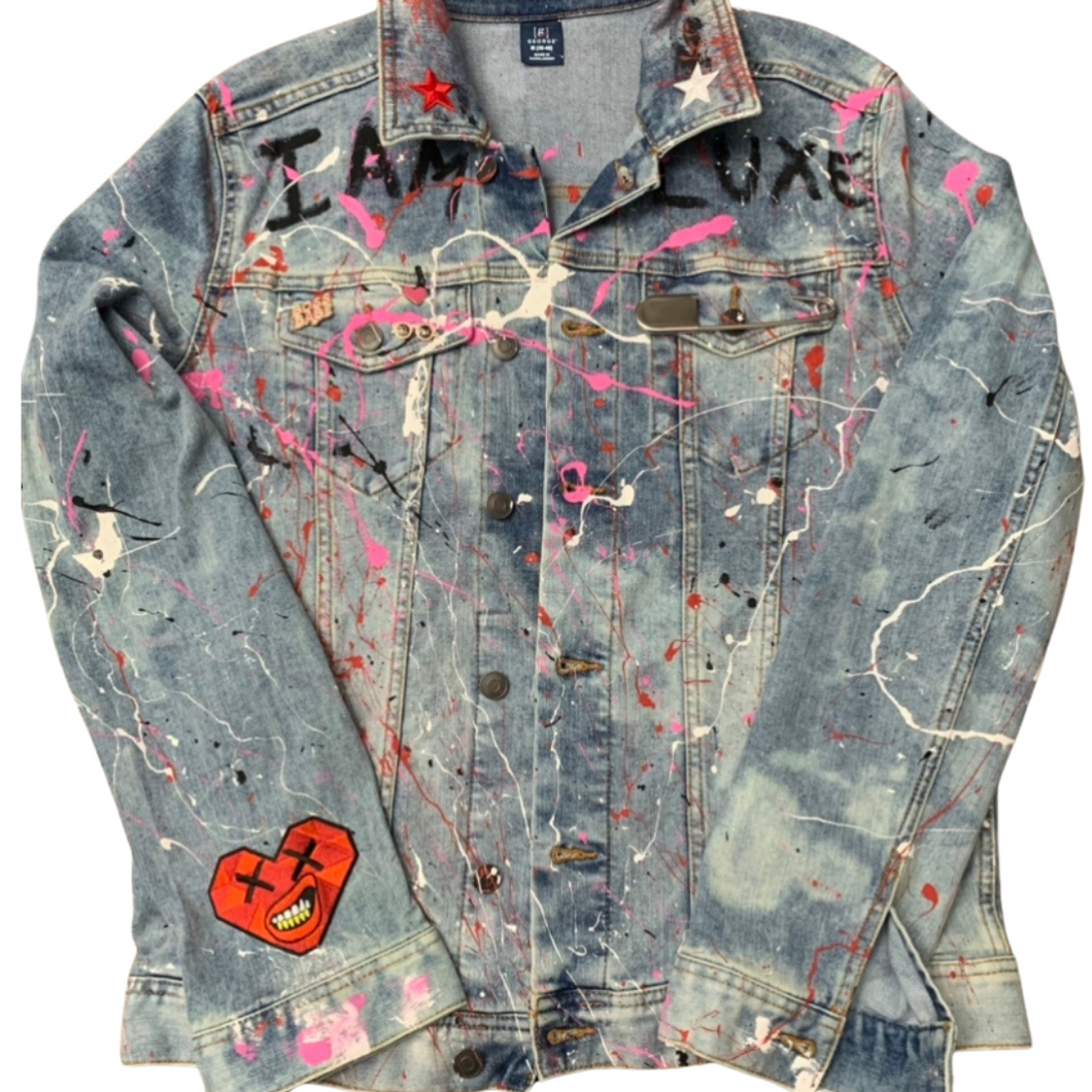 Hand Painted and Bleached Designed Denim Jacket    Collaboration Piece designed for  “I AM LUXE” by LOVE SAVAGE CLOTHING